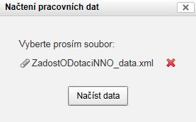 Po vybrání uloženého souboru bude zobrazen jeho název a po stisknutí tlačítka Načíst data budou z uloženého souboru vygenerována data rozpracované žádosti.