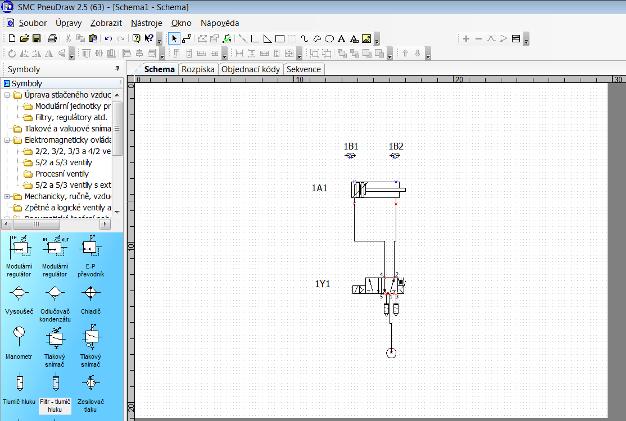 Ke kreslení pneumatických schémat a k výběru vhodných prvků používáme kreslící program