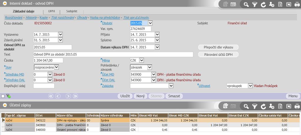 Odvod DPH Tento interní doklad slouží k evidenci dokladů závazku k Finančnímu úřadu při uzavření výkazu DPH. Nemá složky, pouze hlavičku a účetní zápisy. Tomu je také přizpůsoben vstupní formulář.