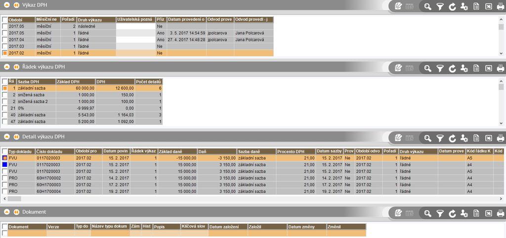 Část Výkazy DPH Detail a Kontrolní sestavy Ve druhé části je zobrazen seznam jednotlivých období výkazů DPH. Odkaz Detail Odkazem se zobrazí detaily výkazu DPH.