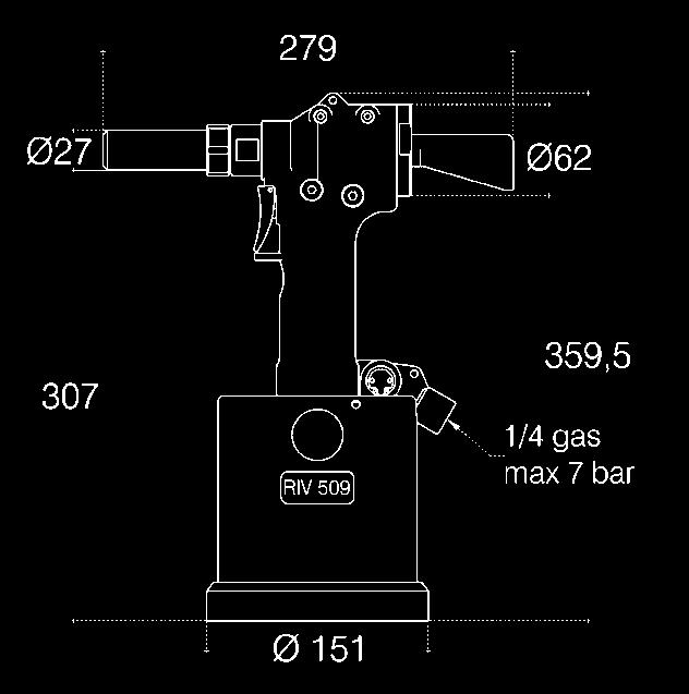 Pneumaticko-hydraulická pistole pro pevnostní nýty Kód 22370 Pneumaticko-hydraulická nýtovačka RIV 509 je navržena pro použití pevnostních