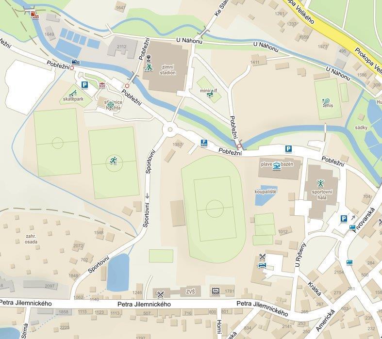 Orientační mapa sportovního areálu v Tachově a Vašeho pobytu.