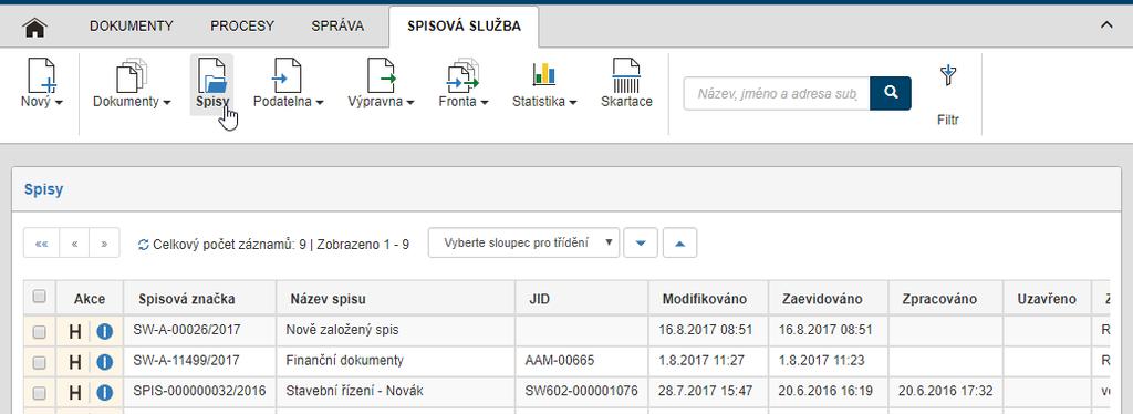 Seznam spisů si poté můžete po stisku tlačítka Filtr upřesnit podle různých vlastností včetně stavu zpracování: například volbou Uzavřené nebo vyřízené v položce Stav spisů si zobrazíte jen spisy s