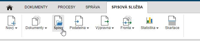 7 Přehled spisů Sekce Spisy umožňuje přístup ke všem spisům evidovaným v Elektronické spisové službě. Je dostupná stejnojmenným tlačítkem na kartě Spisová služba.