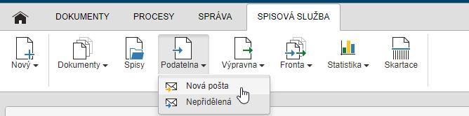 8 Podatelna Tlačítko Podatelna soustřeďuje na jednom místě obvyklé funkce pro hromadný příjem zpráv. Kliknutím na tlačítko si zobrazíte nabídku dvou sekcí: Nová pošta a Nepřidělená.