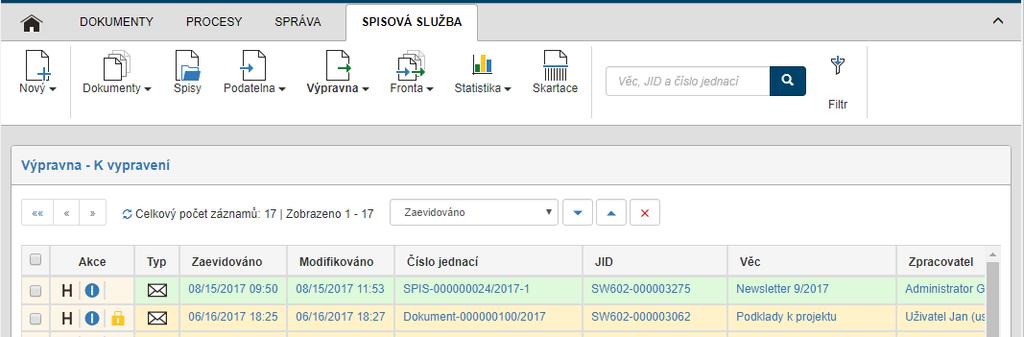 Sekce Vypravená zobrazuje navíc sloupec Stav vyřízení. Máte-li právo dokument prohlížet, kliknutím na jeho identifikační údaje zobrazíte odpovídající formulář.