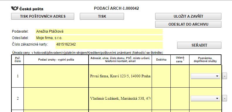 Poznámka: Název podacího archu je přednastavený na hodnotu Poštovní podací arch. Pokud jej chcete změnit, použijte k tomu právě tuto sekci, a to úpravou přednastaveného textu v poli Odesílatel.