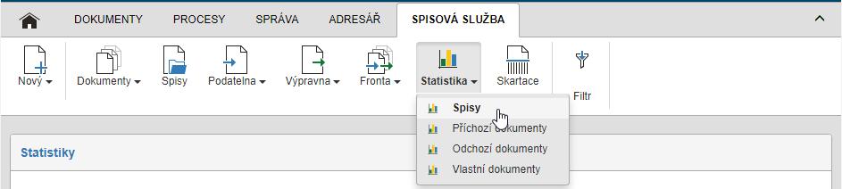 11 Statistika Sekce Statistika umožňuje si zobrazit přehled o počtech dokumentů a spisů uložených ve spisové službě.