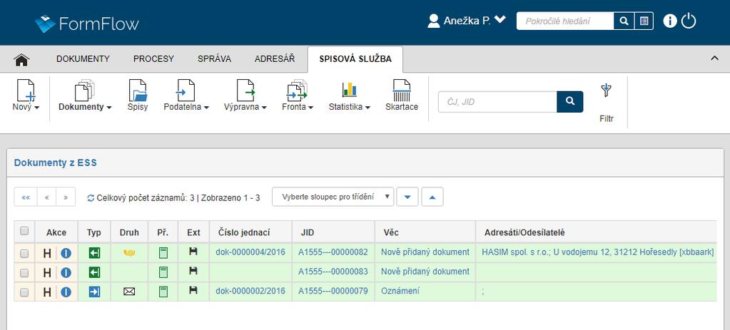 2.2 Uspořádání stránky Spisové služby Po úspěšném přihlášení se zobrazí celé rozhraní Elektronické spisové služby.