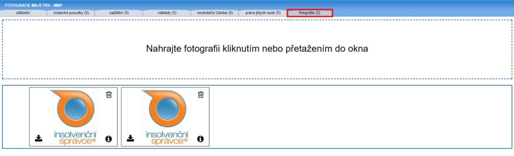 MAJETEK - NAHRÁVÁNÍ FOTOGRAFIÍ V detailu majetku nyní najdete záložku fotografie, kde je možno uchovávat a spravovat fotografie získané během sepisování majetkové podstaty dlužníka.