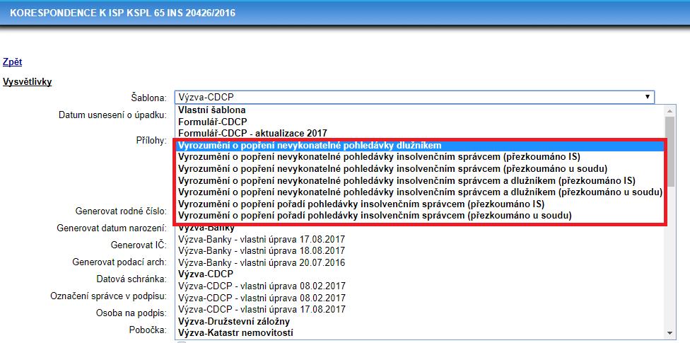 Vzory jsou oproti původnímu rozlišení na základě typu popírajícího subjektu nově rozděleny i dle toho, zda přezkumné jednání probíhá na soudu nebo u insolvenčního správce.