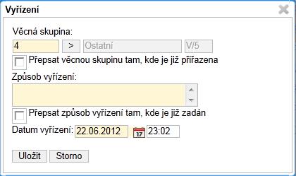 ze složky Moje dokumenty Nevyřízené v dialogovém okně Vyřízení je navíc položka pro potvrzení zda chcete přepsat věcnou skupinu/způsob vyřízení i u těch objektů u kterých je již vyplněn (obr.