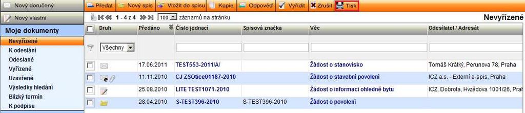 obr. 108. Tisk přehledu dokumentů Zobrazí se obsah složky (přehled dokumentů) jako sestava určená pro tisk. obr. 109.