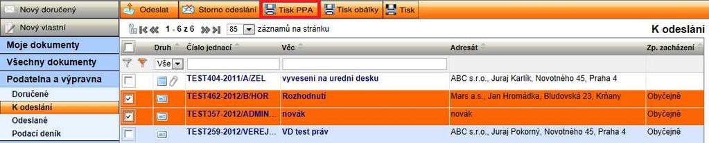 obr. 145. Tisk PPA pro vybrané zásilky Zobrazí se formulář Podací arch (obr. 143 ), ve kterém zadejte kritéria tisku a údaj potvrďte tlačítkem [Tisk].