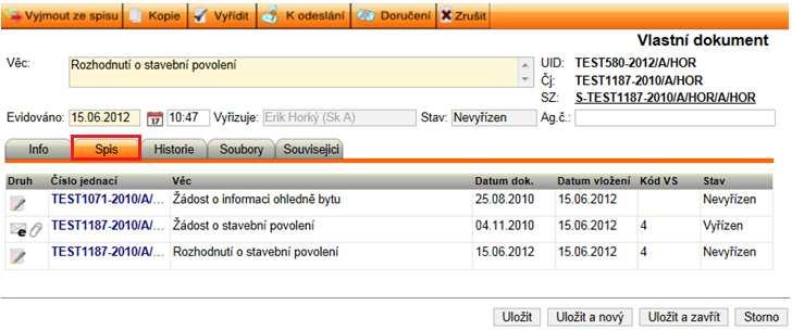 obr. 22. Ukázka záložky Spis 4.2.2.3. Záložka Historie Záložka Historie je stejná u doručeného i vlastního dokumentu a spisu.