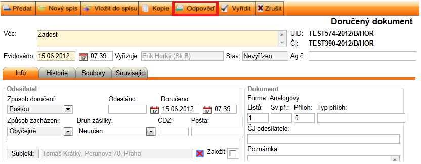 obr. 29. Založení Odpovědi na doručený dokument Zobrazí se formulář Vlastní dokument s přenesenými údaji z doručeného dokumentu, na který odpovídáte.