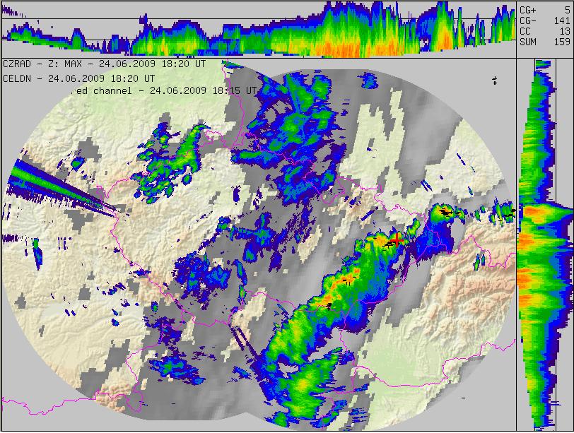 Obr. 1.3 - Kombinace dat z radarových měření, detekce blesků a IR kanálu družice METEOSAT 9 z termínu 18:20 UTC dne 24. 6. 2009. Nový Jičín je vyznačen červeným křížkem.