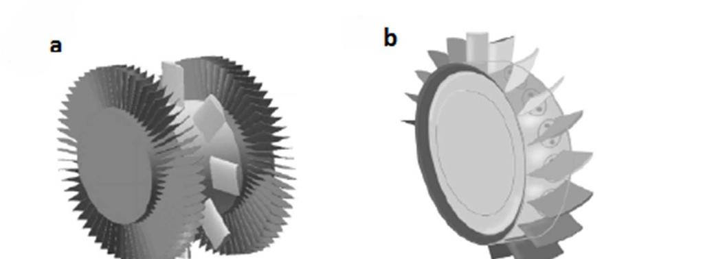 Využití energie moře Obr. 35 Na obrázku můžeme vidět konstrukci tvar turbín: a) Wells turbine, b) Denniss-Auld turbine [59] Obr.