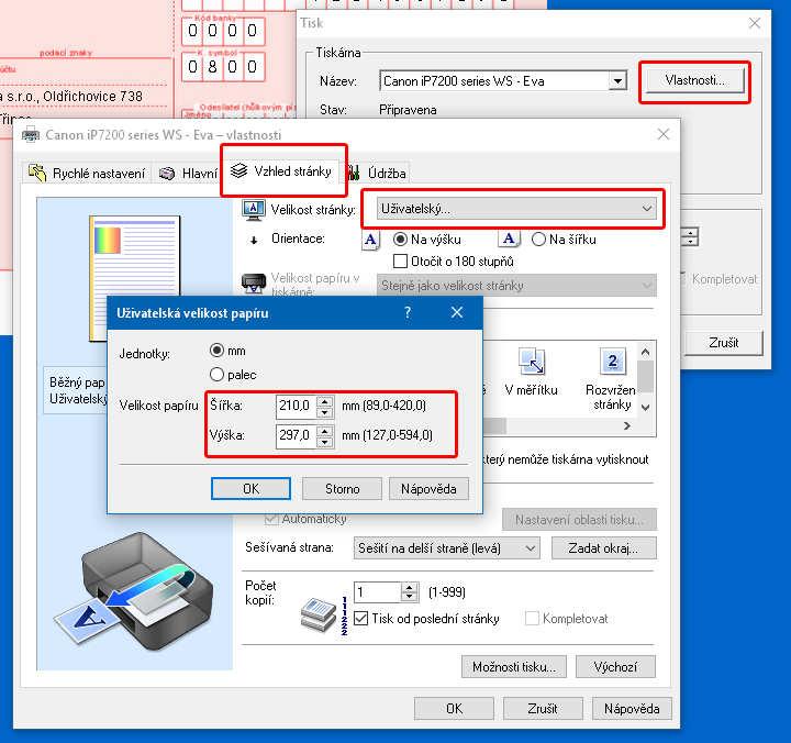 Uživatelský formát papíru ovladačů pro tiskárny Canon Toto nastavení najdete viz obrázek na záložce Vzhled stránky pak najdete na záložce