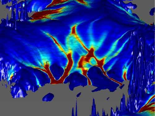 Výstupy numerických modelů 3-D (2-D) pole rychlostí Evoluce povrchu mocnost zalednění v závislosti na