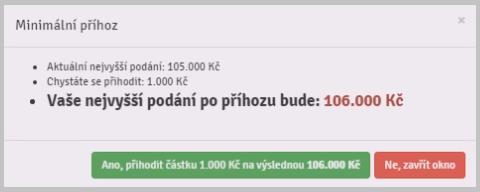 3. Minimální příhoz lze provést tlačítkem Provést minimální příhoz: *** Kč. Výše minimálního příhozu je stanovena dražebníkem. 4.