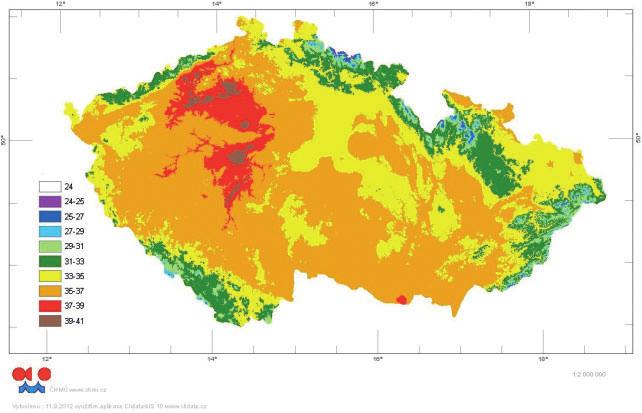 22 21 20 y = 0,0457x - 74,21 R² = 0,2548 19 t [ C] 18 17 16 15 Obr. 6 Teplotní maximum 20. 8. 2012 v ČR. Fig. 6. Maximum temperature in the Czech Republic on 20 August 2012.