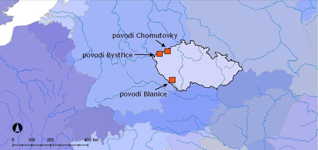 ÚVOD A CÍLE PRÁCE Obr. 1 Poloha modelových povodí Blanice, Chomutovky a Bystřice v rámci České republiky Práce je z hlediska své struktury rozdělena do pěti hlavních částí A až E.