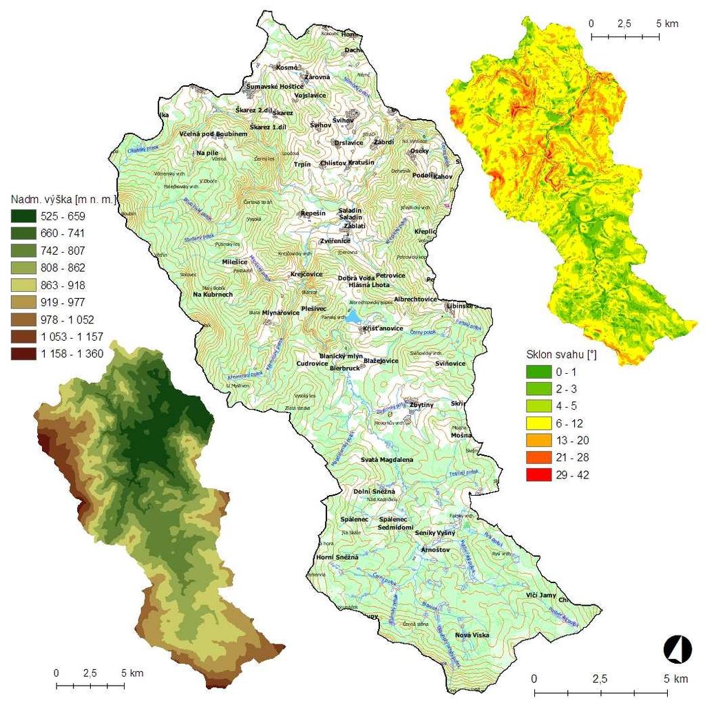 ČÁST A: TEORETICKÉ POZNATKY A METODICKÉ POSTUPY Říční údolí jsou hluboká a sevřená a celá oblast je charakteristická vysokou vertikální členitostí (Křížek a Engel, 2004). Obr.