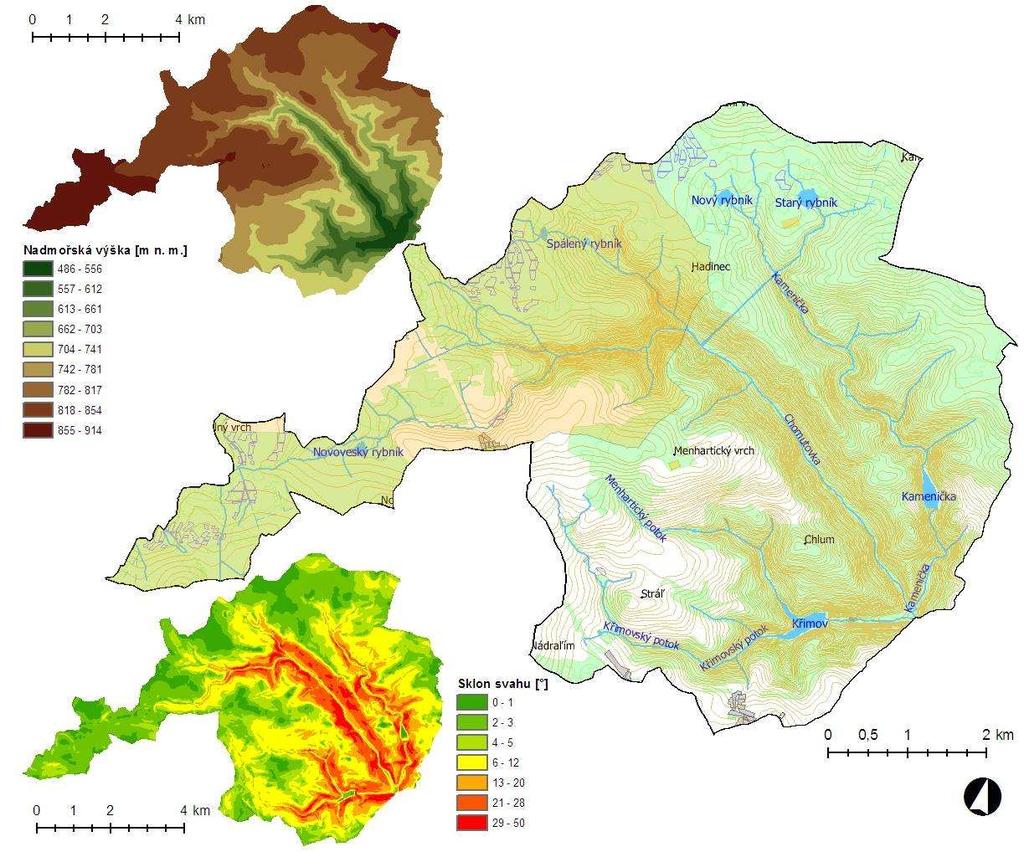 ČÁST A: TEORETICKÉ POZNATKY A METODICKÉ POSTUPY Obr. 14 Mapa povodí horní Chomutovky Jedním z důvodů výběru povodí Chomutovky byla skutečnost, že tok protéká městem Chomutov (cca 50 tis.