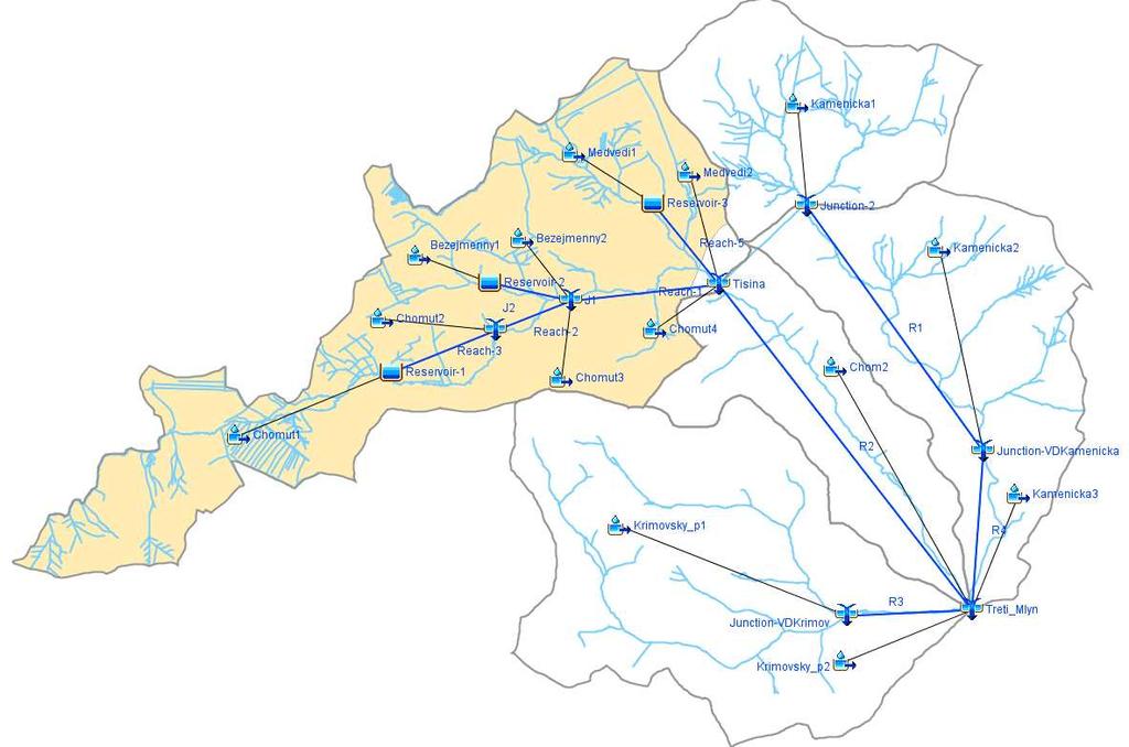 ČÁST B: PŘÍPADOVÉ STUDIE 2.2.3 SESTAVENÍ MODELU, POUŽITÉ MODELOVACÍ TECHNIKY Schéma povodí tak, jak je interpretováno modelem HEC-HMS, je zobrazeno na obrázku 31.