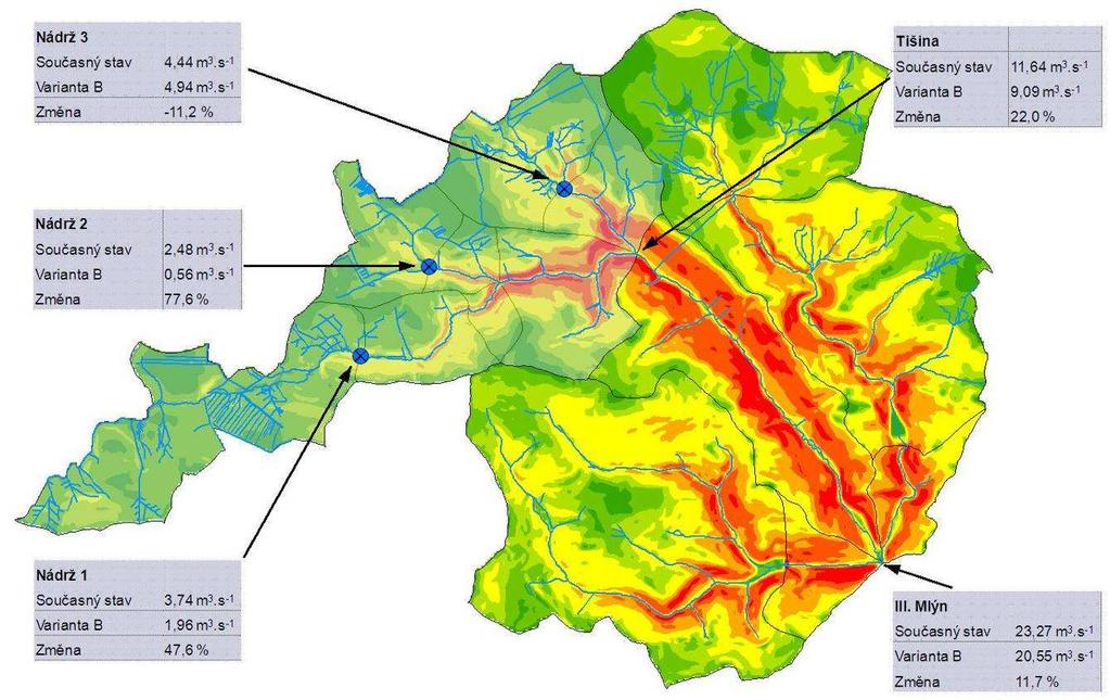 ČÁST B: PŘÍPADOVÉ STUDIE Tabulka 14 Vybrané parametry simulovaných událostí v profilu Tišina N10 N20 N50 N100 Úhrn srážek [mm] 50,1 56,7 65,1 71,2 Q k - současný stav [m 3.