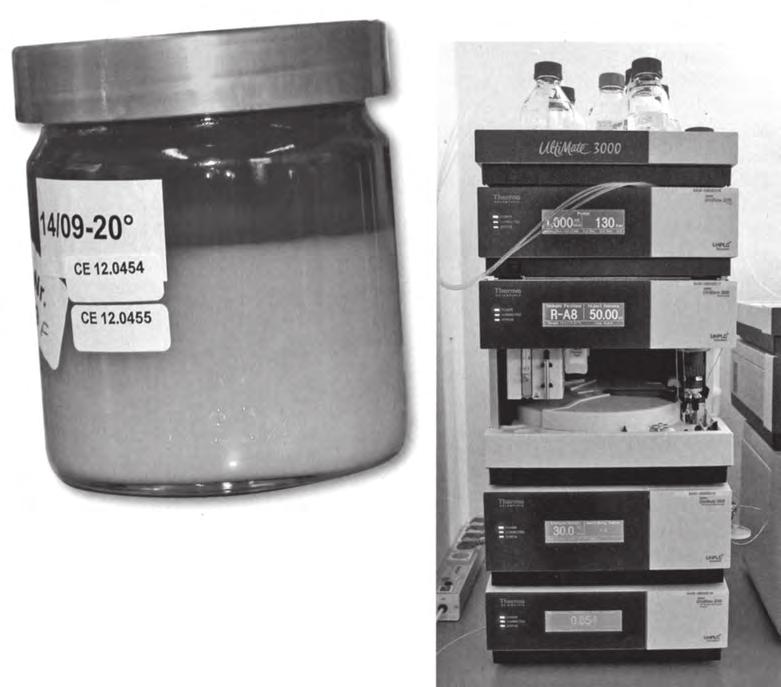 Při vyšších skladovacích teplotách se může med snadno separovat (levý obrázek). Následkem toho může začít kvasit. Hodnota HMF medu se měří pomocí zvláštního vybavení (obrázek vpravo).