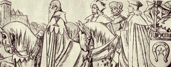 6. Obrazová příloha Mikoláš Aleš: Prokop Holý v čele českého poselstva přijíždí do Basileje.