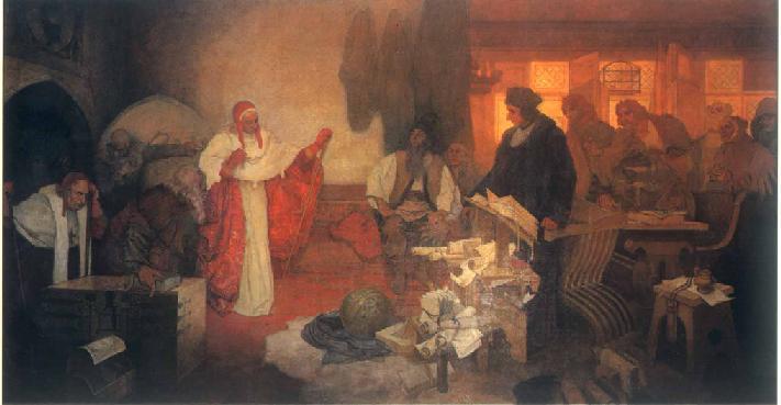 Alfons Mucha: Mistr Jan Rokycana na koncilu basilejském (1933). Obraz ze zasedací síně rokycanské radnice.