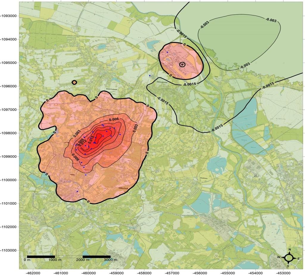 ROZDÍLOVÁ MAPA ROČNÍCH KONCENTRACÍ Eps VE VÝŠCE 1 METR NAD TERÉNEM Výsledkem této mapy je možnost konstatování, že vlivem instalace nových plynových kotelen dojde na určité ploše k