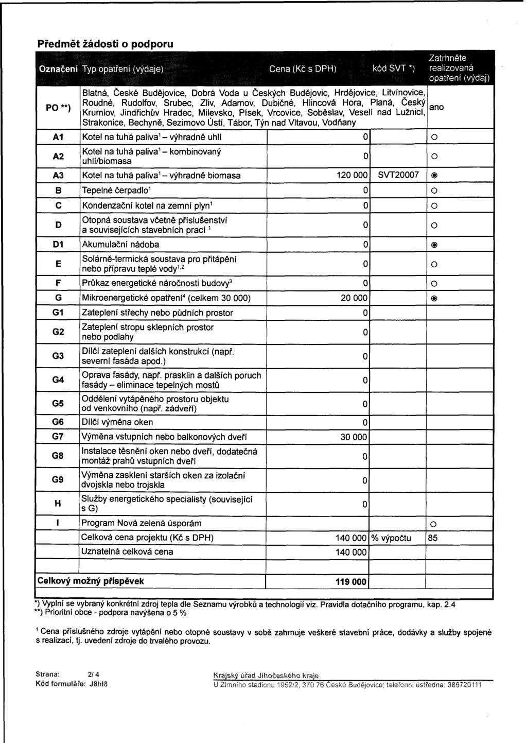 Předmět žádosti o podporu Označení Typ opatřeni (výdaje) PO **) A1 A2 A3 B Cena (Kč s DPH) Blatná, České Budějovice, Dobrá Voda u Českých Budějovic, Hrdějovice, Litvínovice, Roudné, Rudolfov, Srubec,