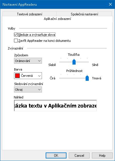 Kapitola 6 Funkce Odečítače 171 Karta Aplikační zobrazení Nastavení Volby Sledovat a zvýrazňovat slova Zavřít AppReader na konci dokumentu Popis Zapne sledování a zvýrazňování slov