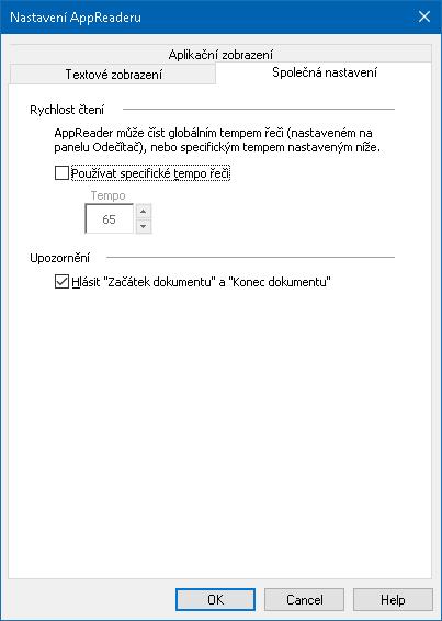 Kapitola 6 Funkce Odečítače 177 Karta Společná nastavení Nastavení Rychlost čtení Používat specifické tempo řeči Tempo Popis Při této volbě je rychlost čtení v AppReaderu nastavena nezávisle na