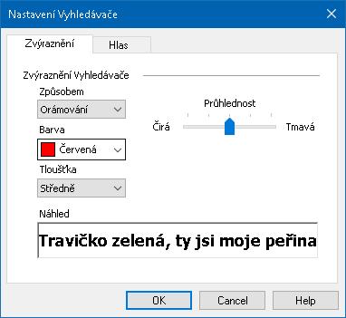 204 Nastavení hlasového výstupu a zvýraznění Vyhledávače Nastavení Vyhledávače vám umožňují upravit zvýraznění nalezených položek a nastavit hlasový výstup, který se při procházení vyhledaných