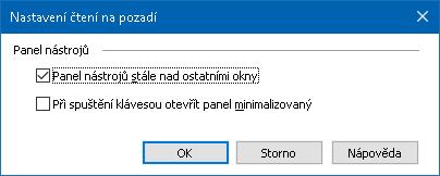 Kapitola 7 Nástroje ZoomTextu 221 Nastavení čtení na pozadí Nastavení Čtení na pozadí vám umožňuje měnit zobrazování panelu nástrojů, když Čtení na pozadí spouštíte a používáte.