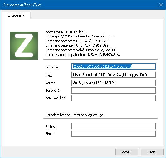 Kapitola 11 Podpora ZoomTextu 273 O programu ZoomText Dialogové okno O programu ZoomText zobrazuje informace o programu a licenci včetně typu produktu, verze, sériového čísla a jména uživatele.
