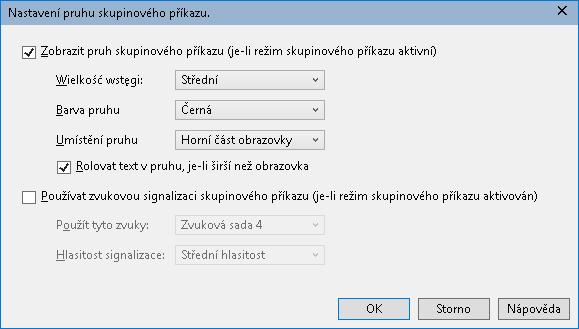 Kapitola 4 Uživatelské rozhraní ZoomTextu 49 Pruh skupinového příkazu Když vstoupíte do režimu skupinového příkazu, může se na obrazovce objevit pruh, který informuje o tom, že je režim skupinového