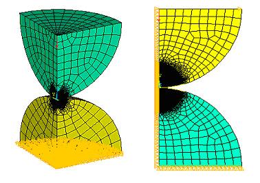 Obr. 21 Výpočtový model styku dvou koulí s využitím symetrie Obrázek je převzat z [17] Na obr.