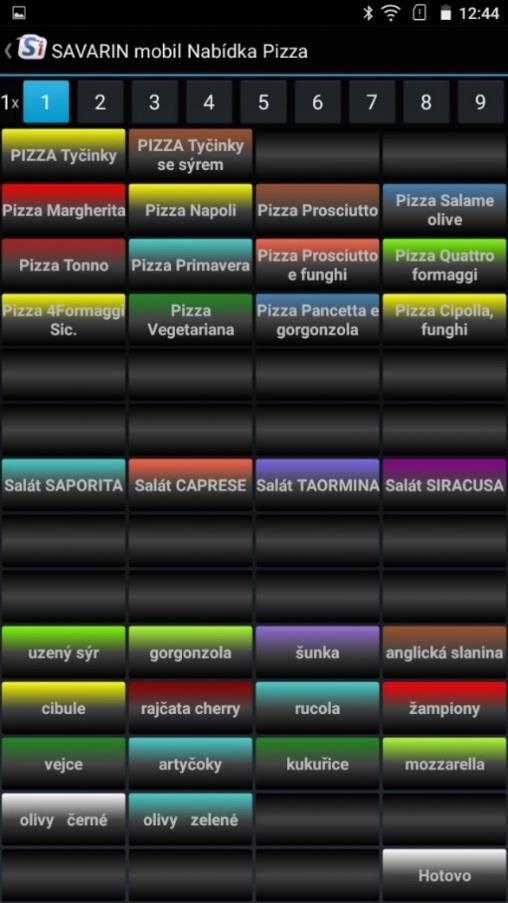 Ukázka top nabídky tlačítek PIZZA včetně případných doplňků.