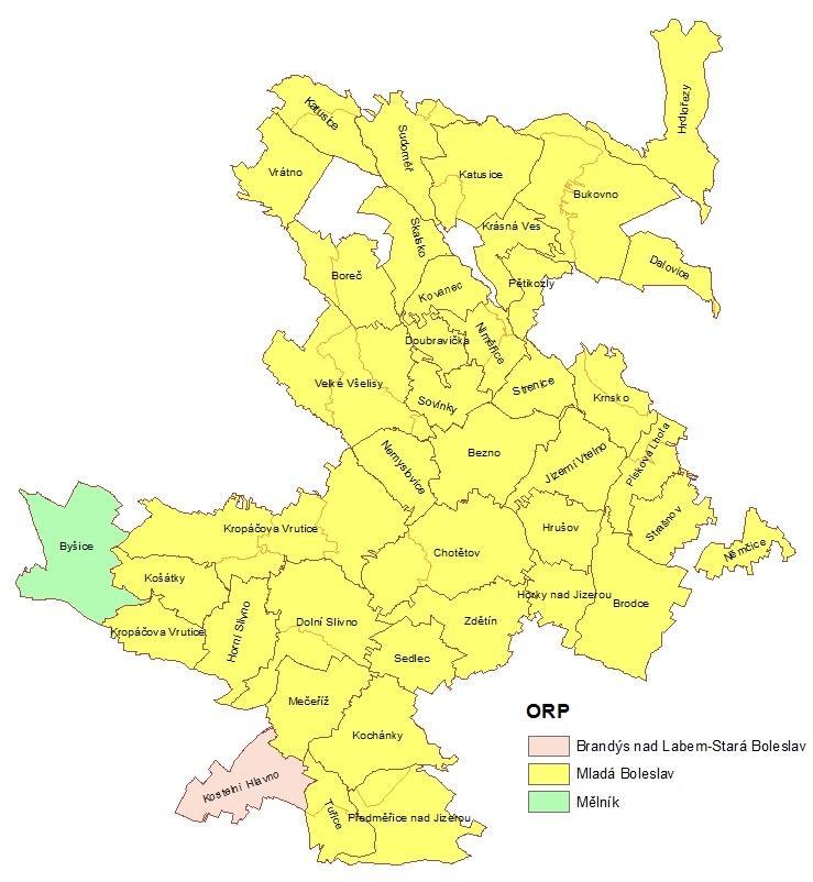 Obrázek 1: Mapa územní působnosti Místní akční skupiny Mladoboleslavský venkov Obce nacházející se na jihozápadním a jižním okraji okresu Mladá Boleslav jsou spjaty historií svého vzniku, sahající