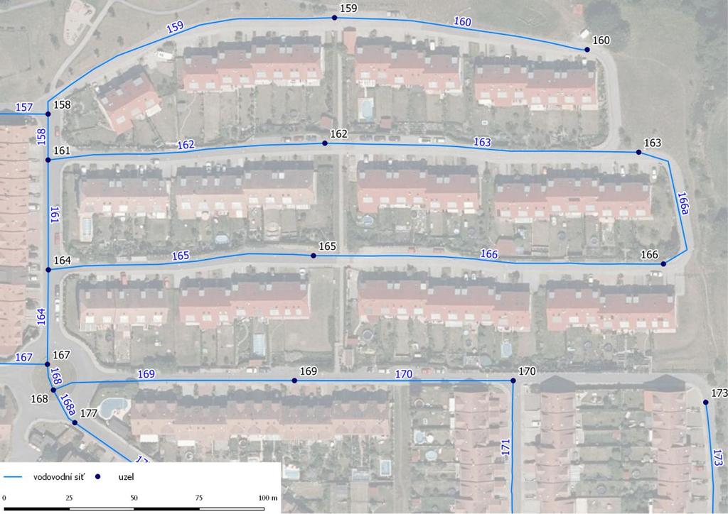 Prvek (anglicky) Počet Vybrané zadávané parametry Uzel (Junction) 250 nadmořská výška, spotřeba vody a její průběh Trubní úsek (Pipe) 271 průměr, hydraulická drsnost (materiál) Vodojem (Tank) 1+2 ATS