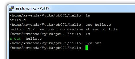 Hello World (na Aise) Pokus 1 (pokr.) 5. Přeložíme gcc hello.c vznikne soubor a.out 6. Spustíme:./a.