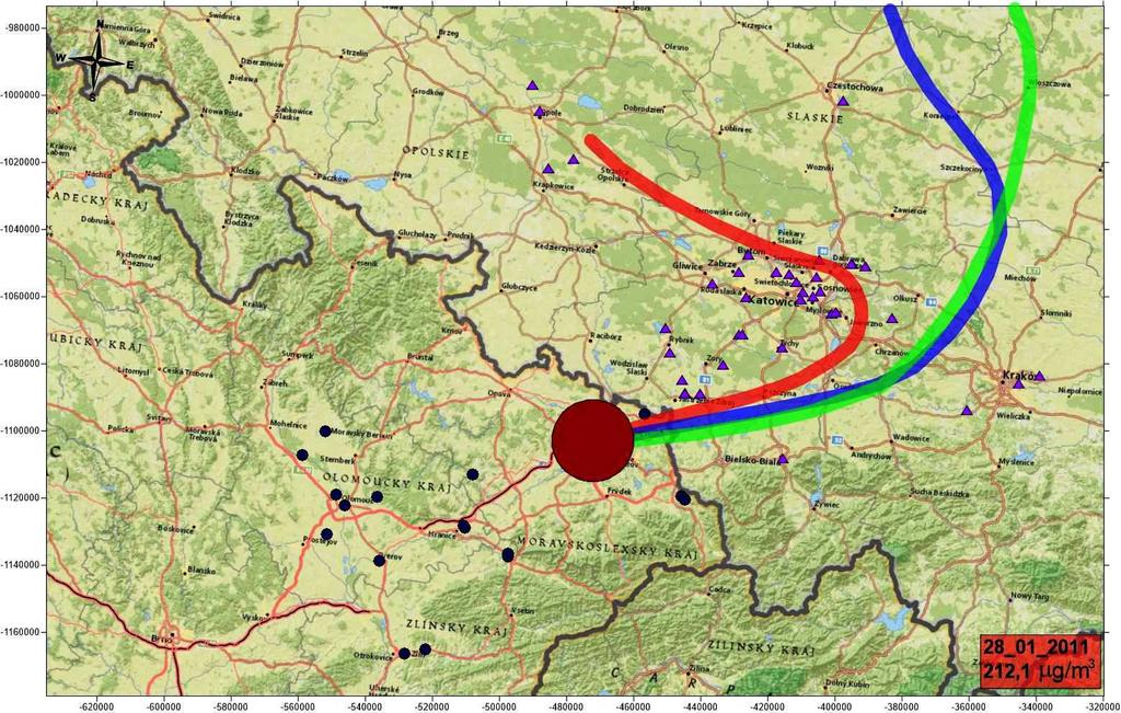 10.1.2 Den 2: 28. ledna 2011 V tento den byla na stanici TOFF naměřena denní koncentrace PM10 na úrovni 212,1 µg/m 3. Obrázek 6 - Zpětné trajektorie pro 28.