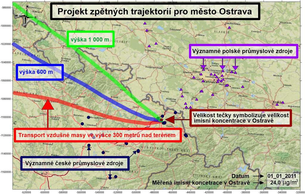 5 Zpětné trajektorie Pro rok 2011 byl sestaven soubor 365 denních zpětných trajektorií (pro každý den jedna) pro město Ostravu.