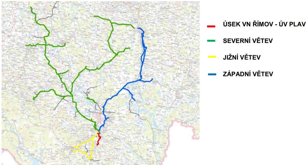 obr. 19 Rozdělení Vodárenské soustavy jižní Čechy na 3 základní větve Detailní popis jednotlivých vodárenských (skupinových) soustav je uveden v Plánu rozvoje vodovodů a kanalizací, z toho důvodu je